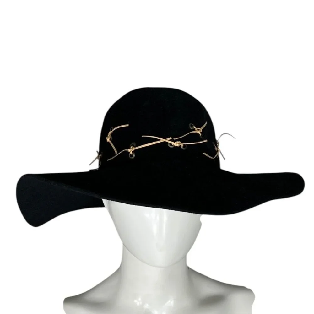 Diva Women's 100% Rabbit Fur Felt Hat Black Tan Ties NWT Made in Russia Cowgirl